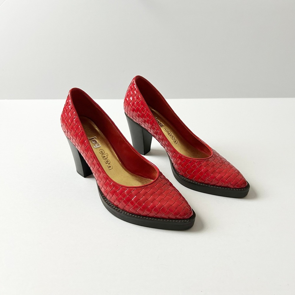 Anthropologie Joy Chen Red Woven Patent Leather Pointed Toe Block Heel Pumps 6.5